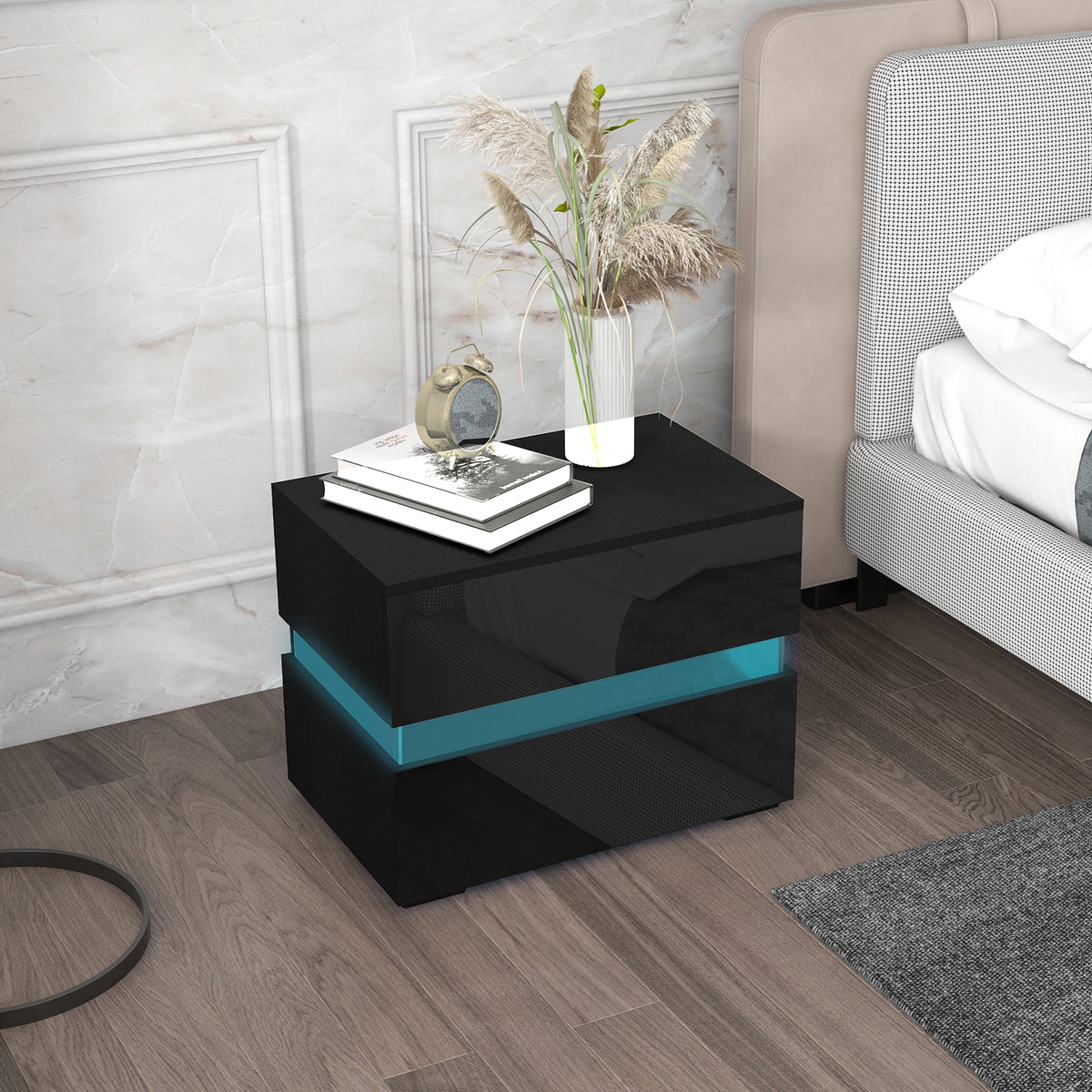 Modern Nightstand with 2 Drawers and RGB LED Lights - Black-Home Furnishings > Bedroom Furniture > Bedside Tables-DECOROLALA