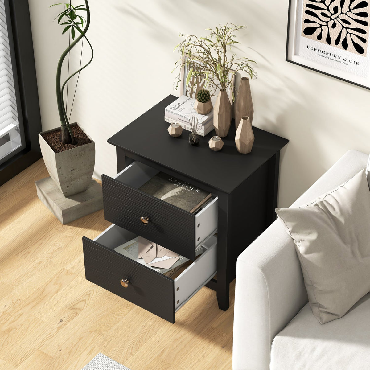 Modern Nightstand with 2 Drawers for Small Spaces-Black-Nightstands-DECOROLALA