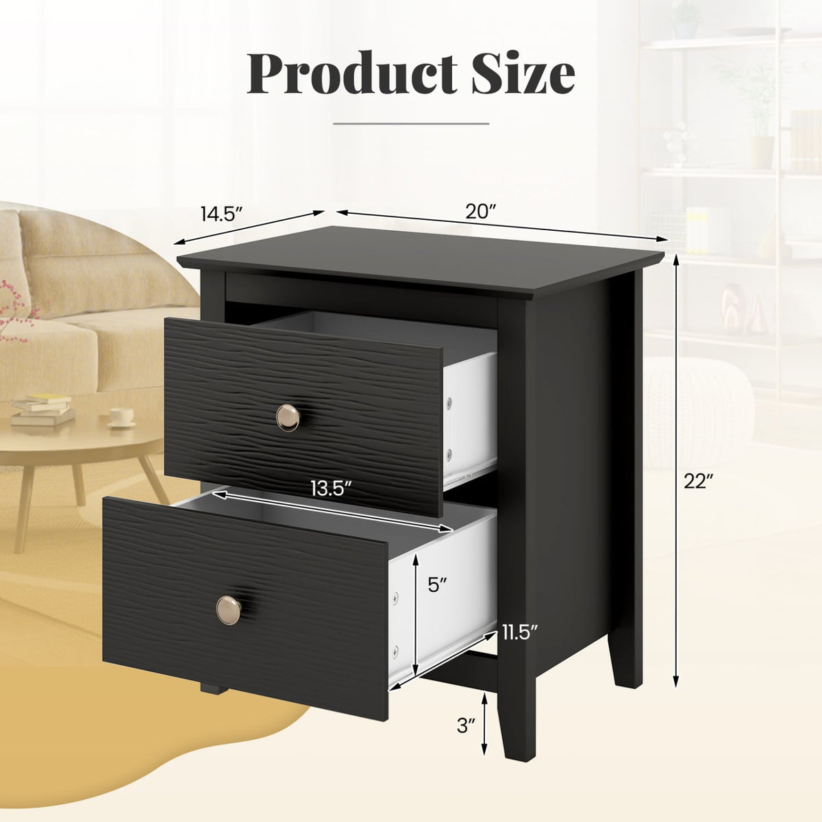 Modern Nightstand with 2 Drawers for Small Spaces-Black-Nightstands-DECOROLALA