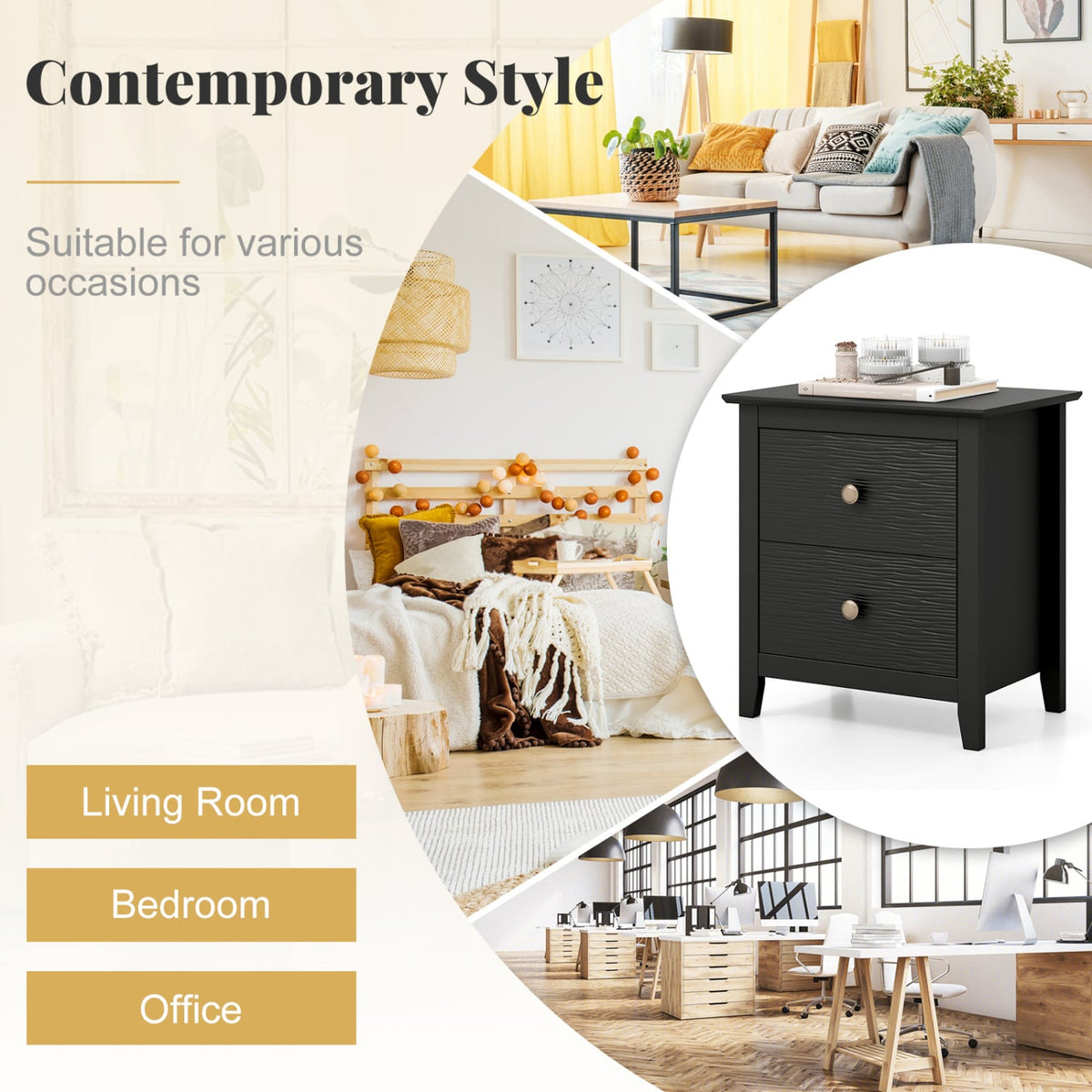 Modern Nightstand with 2 Drawers for Small Spaces-Black-Nightstands-DECOROLALA