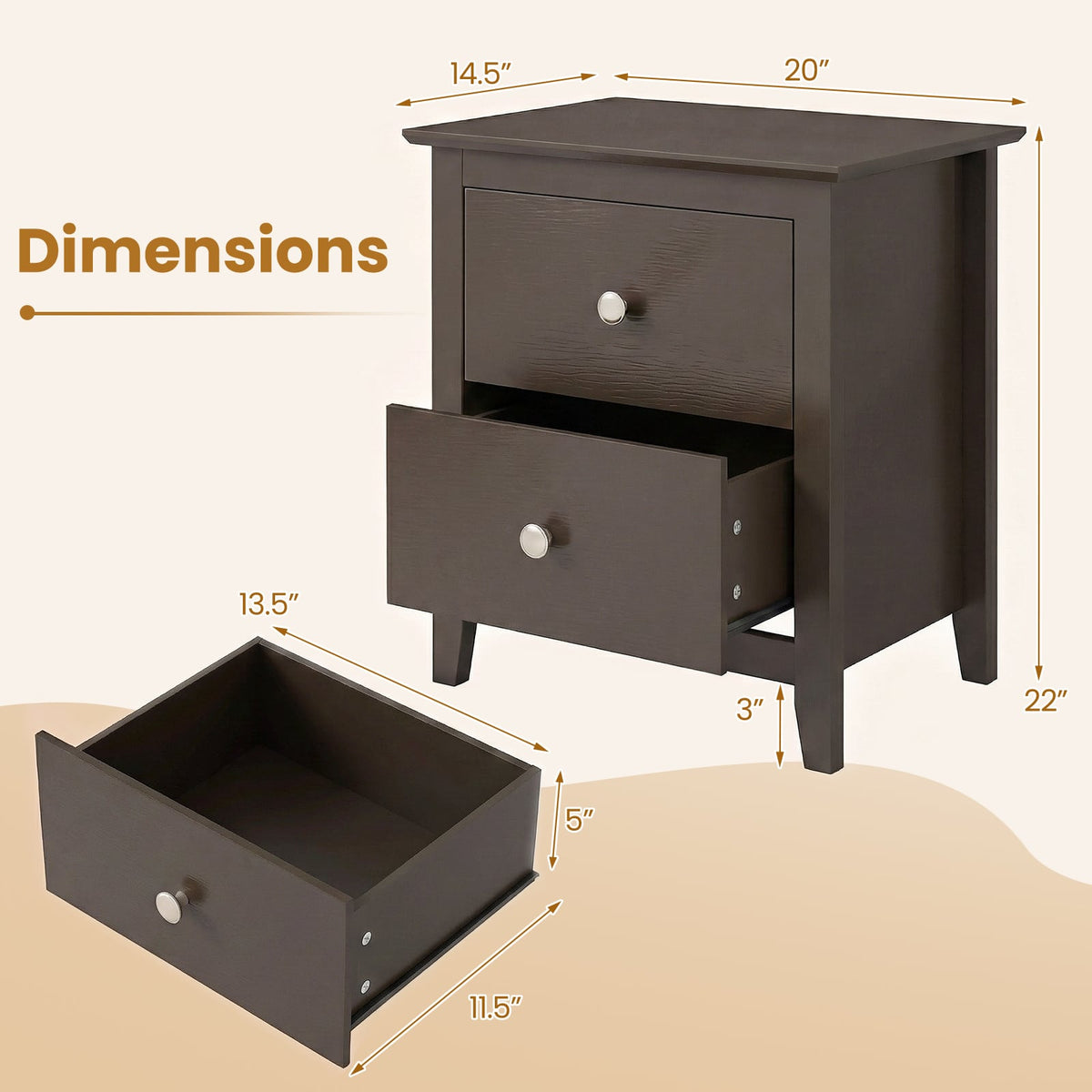 Modern Nightstand with 2 Drawers for Small Spaces-Brown-Nightstands-DECOROLALA