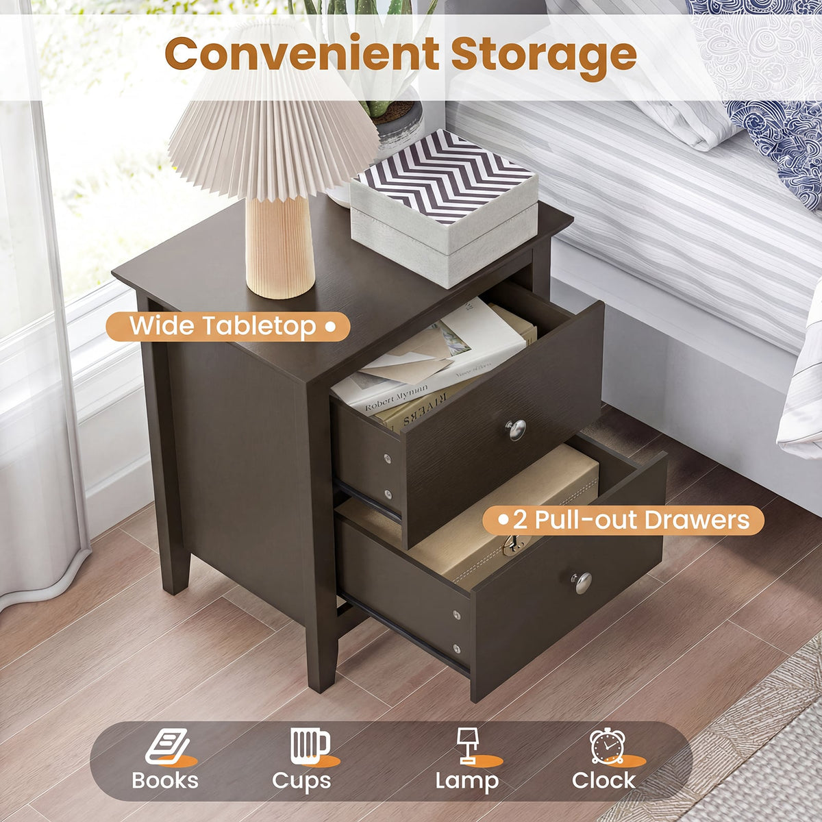 Modern Nightstand with 2 Drawers for Small Spaces-Brown-Nightstands-DECOROLALA