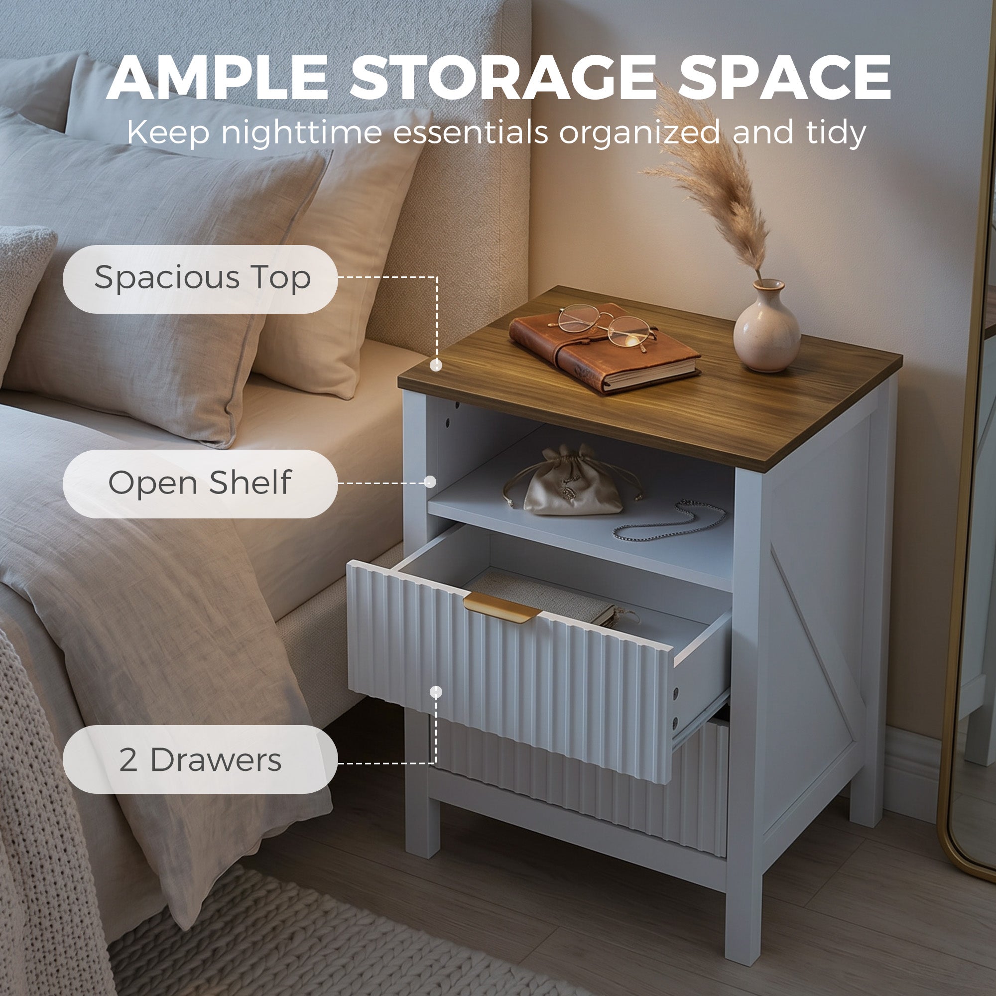 Modern Nightstand with 2 Fluted Drawers, Bedside Table with Open Storage Shelf, Anti-tipping Design, White and Walnut-Home Furnishings > Bedroom Furniture > Bedside Tables-DECOROLALA