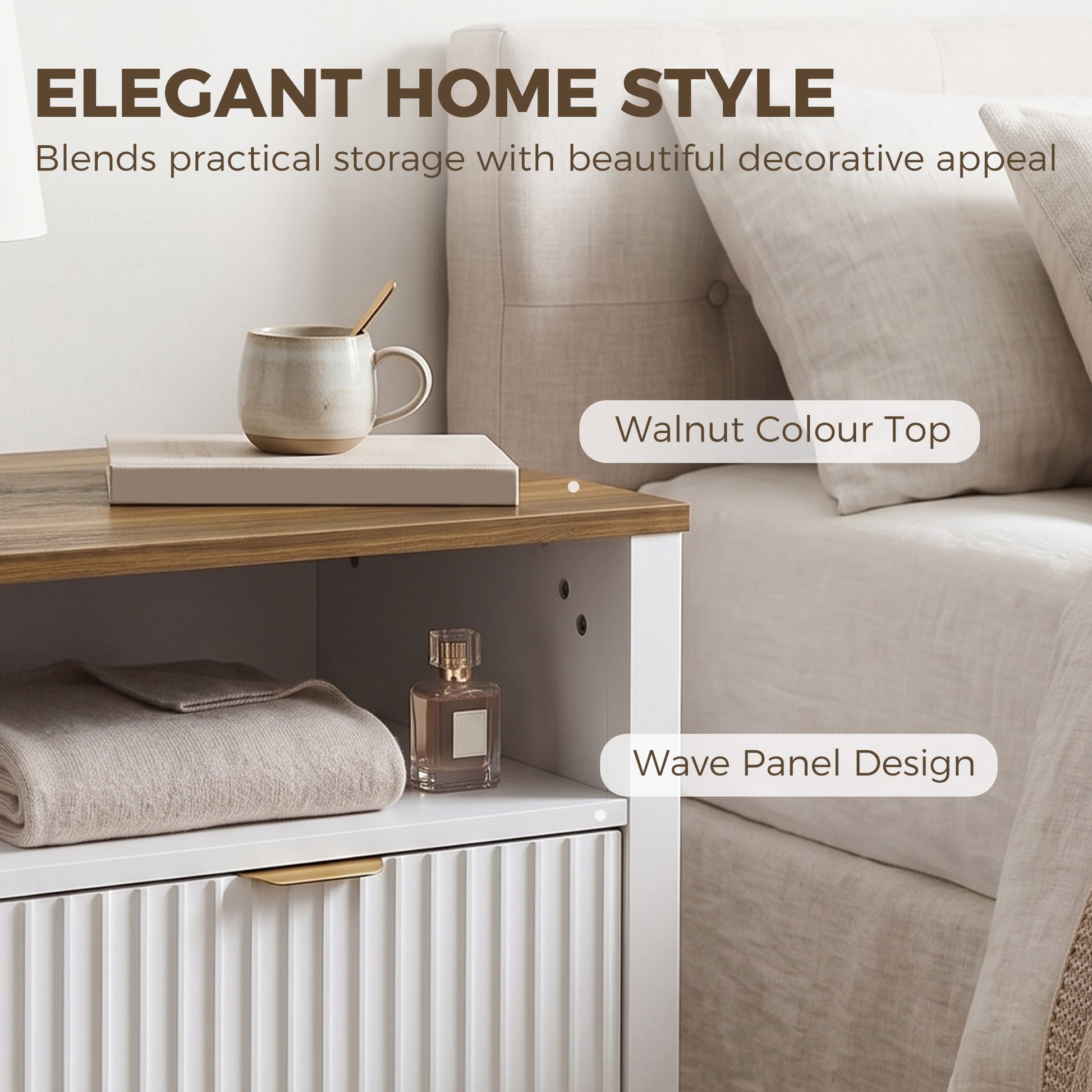 Modern Nightstand with 2 Fluted Drawers, Bedside Table with Open Storage Shelf, Anti-tipping Design, White and Walnut-Home Furnishings > Bedroom Furniture > Bedside Tables-DECOROLALA