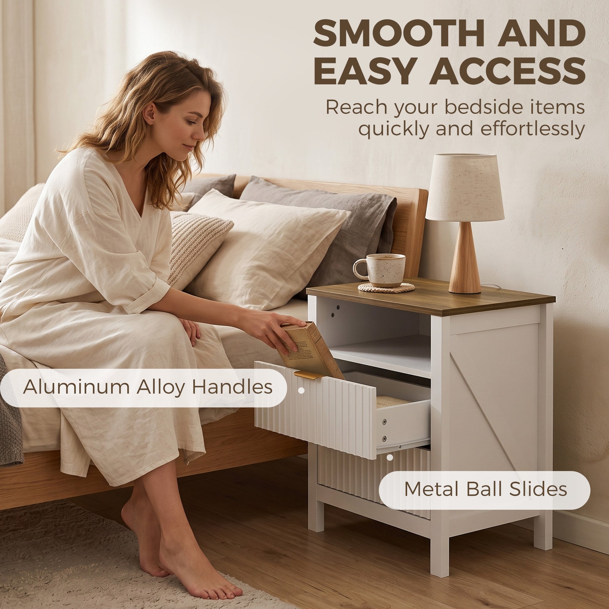 Modern Nightstand with 2 Fluted Drawers, Bedside Table with Open Storage Shelf, Anti-tipping Design, White and Walnut-Home Furnishings > Bedroom Furniture > Bedside Tables-DECOROLALA