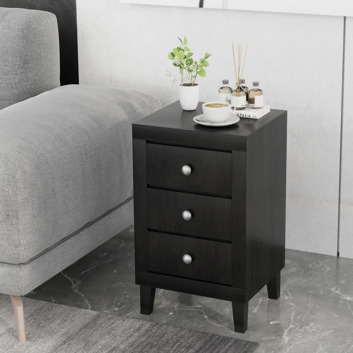 Modern Nightstand with 3 Drawers for Bedroom Living Room-Black-Nightstands-DECOROLALA