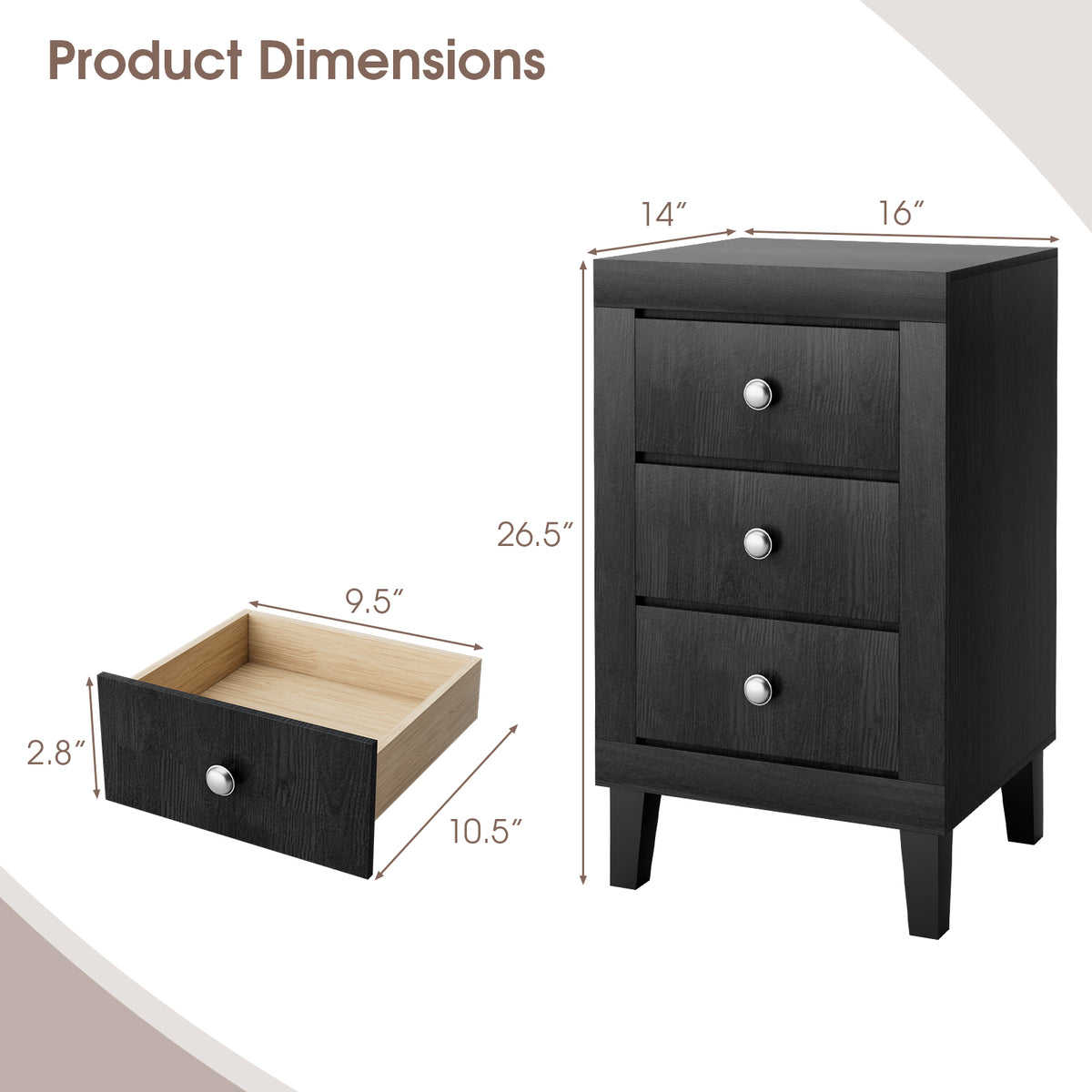 Modern Nightstand with 3 Drawers for Bedroom Living Room-Black-Nightstands-DECOROLALA