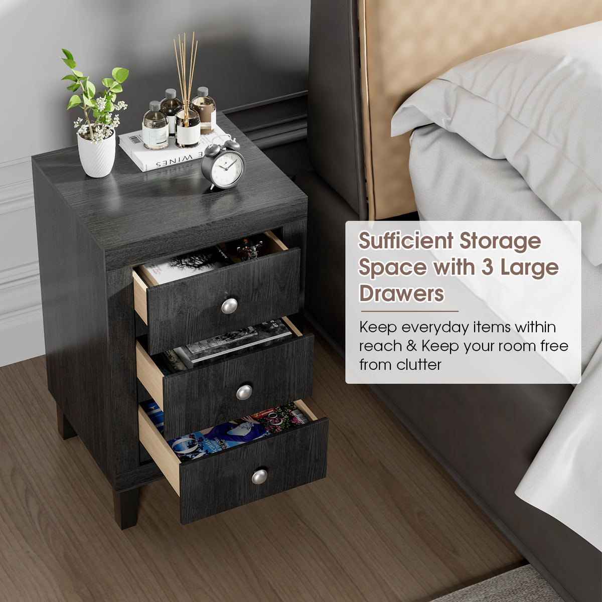 Modern Nightstand with 3 Drawers for Bedroom Living Room-Black-Nightstands-DECOROLALA