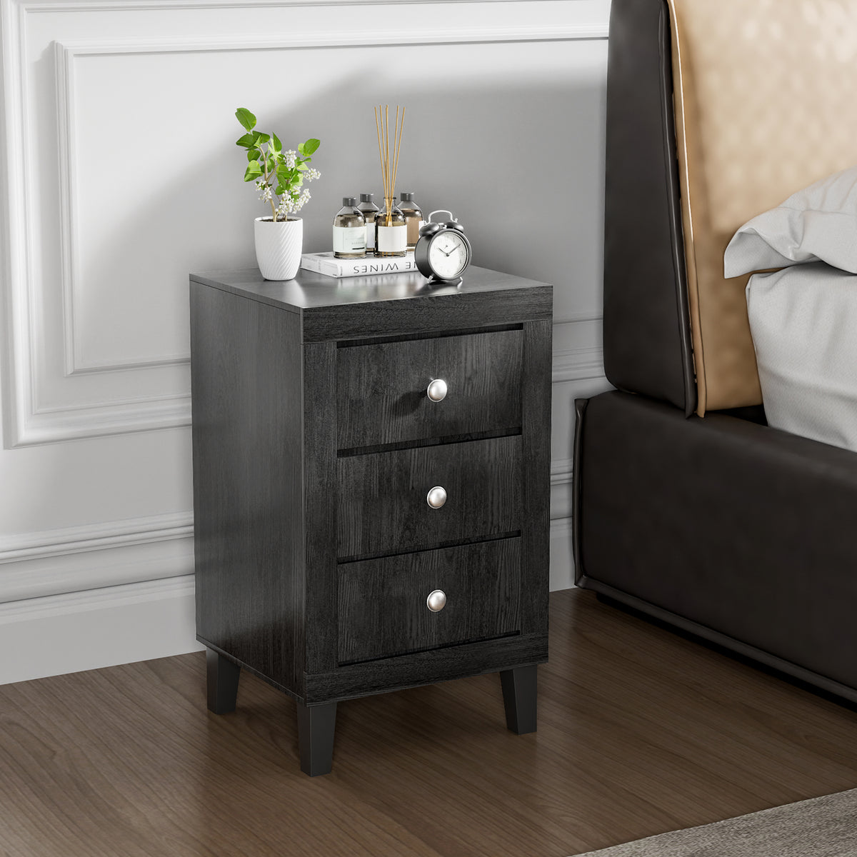 Modern Nightstand with 3 Drawers for Bedroom Living Room-Black-Nightstands-DECOROLALA