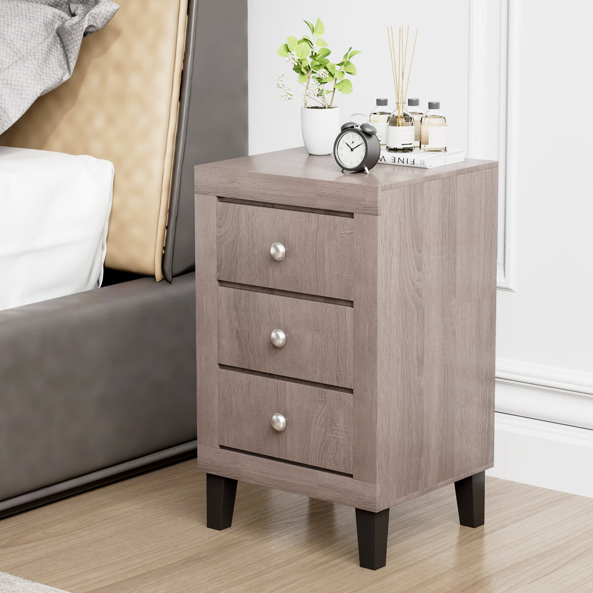 Modern Nightstand with 3 Drawers for Bedroom Living Room-Gray-Nightstands-DECOROLALA