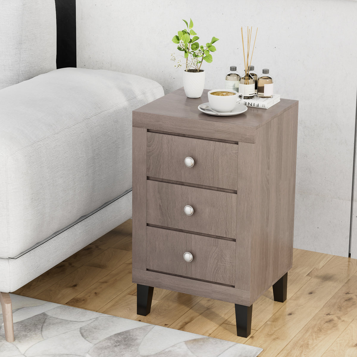 Modern Nightstand with 3 Drawers for Bedroom Living Room-Gray-Nightstands-DECOROLALA