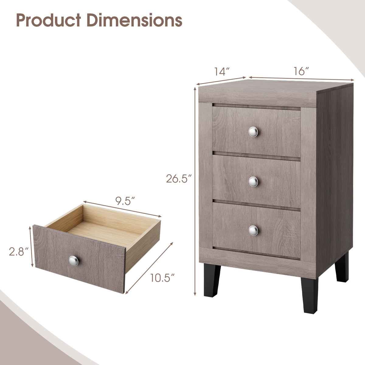 Modern Nightstand with 3 Drawers for Bedroom Living Room-Gray-Nightstands-DECOROLALA