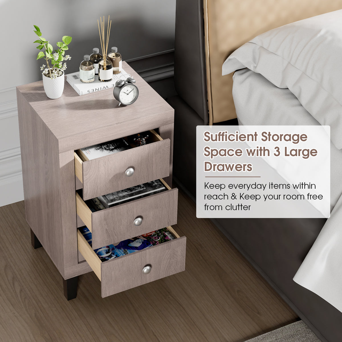 Modern Nightstand with 3 Drawers for Bedroom Living Room-Gray-Nightstands-DECOROLALA