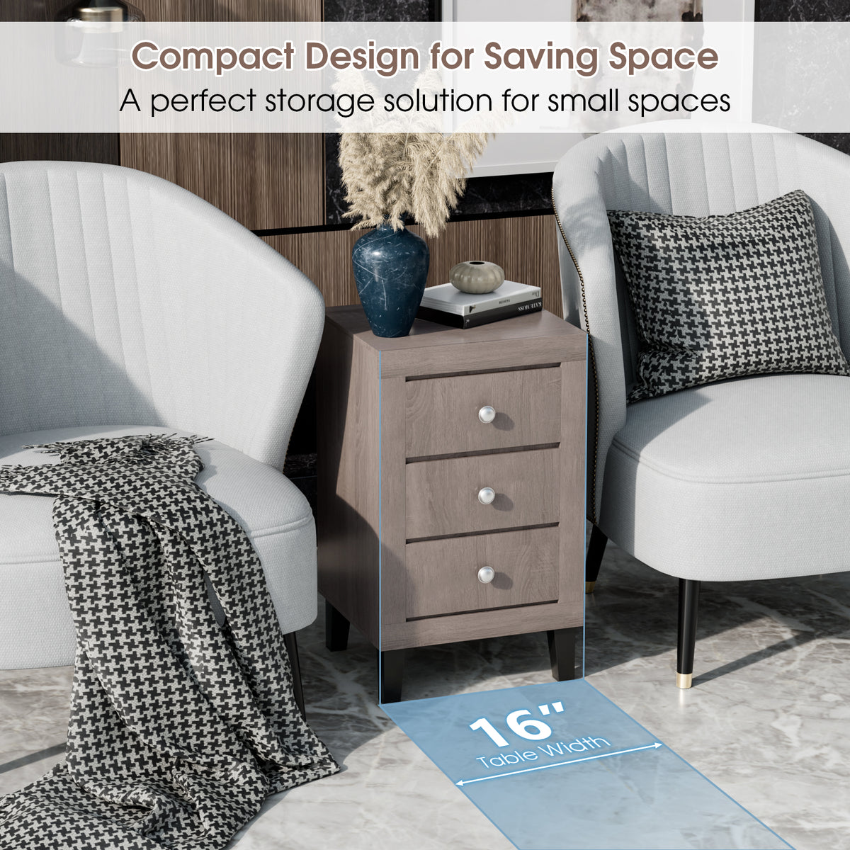 Modern Nightstand with 3 Drawers for Bedroom Living Room-Gray-Nightstands-DECOROLALA