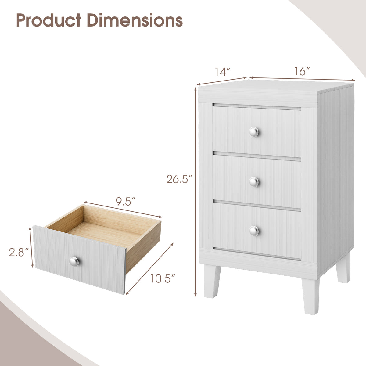 Modern Nightstand with 3 Drawers for Bedroom Living Room-White-Nightstands-DECOROLALA