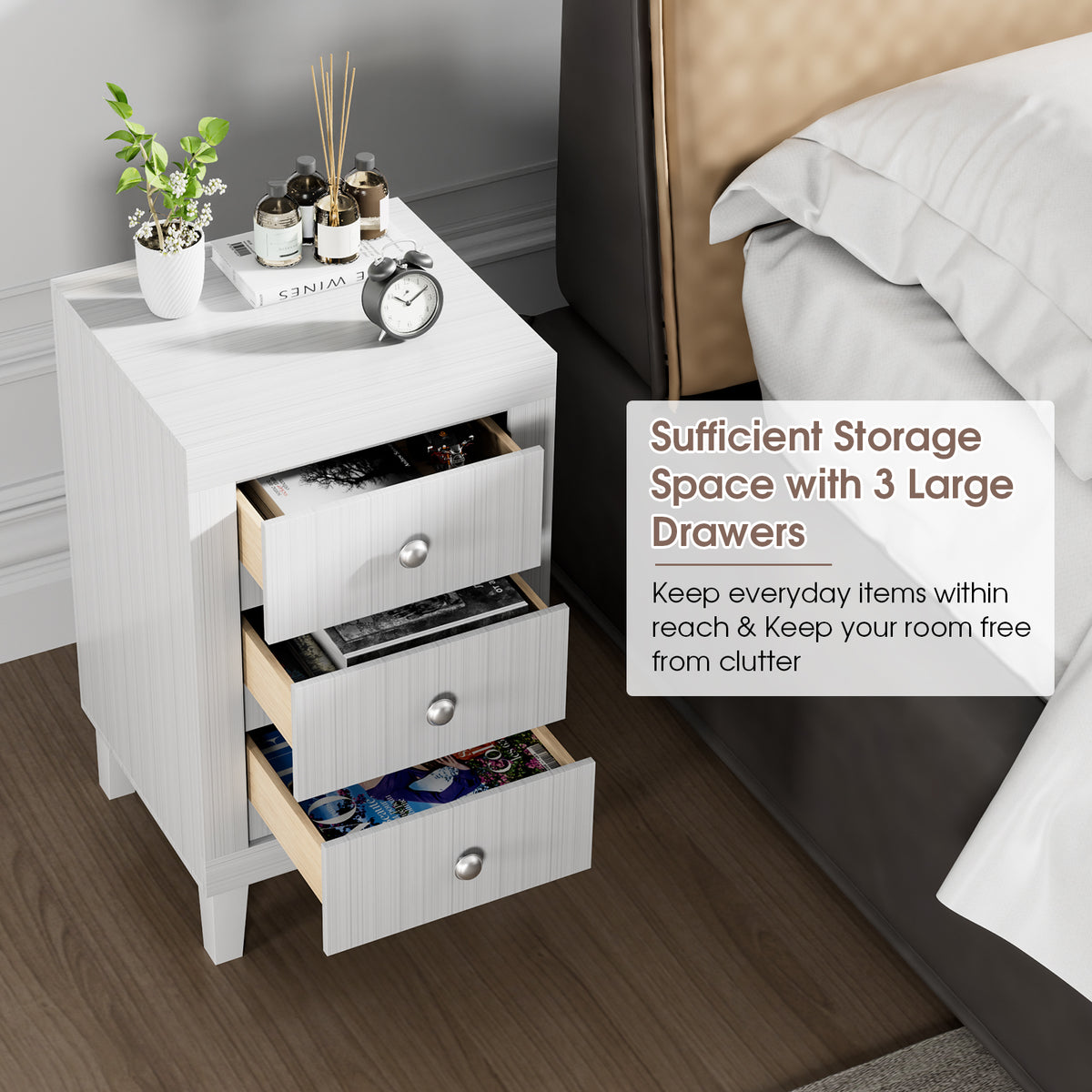 Modern Nightstand with 3 Drawers for Bedroom Living Room-White-Nightstands-DECOROLALA