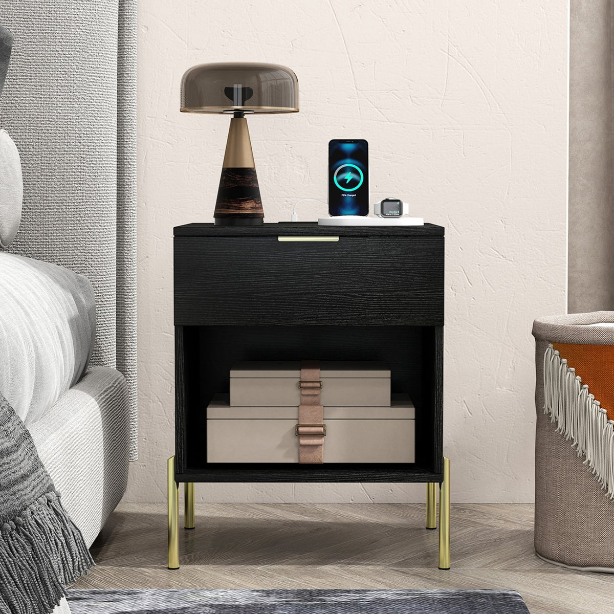 Modern Nightstand with Charging Station-Black-Nightstands-DECOROLALA