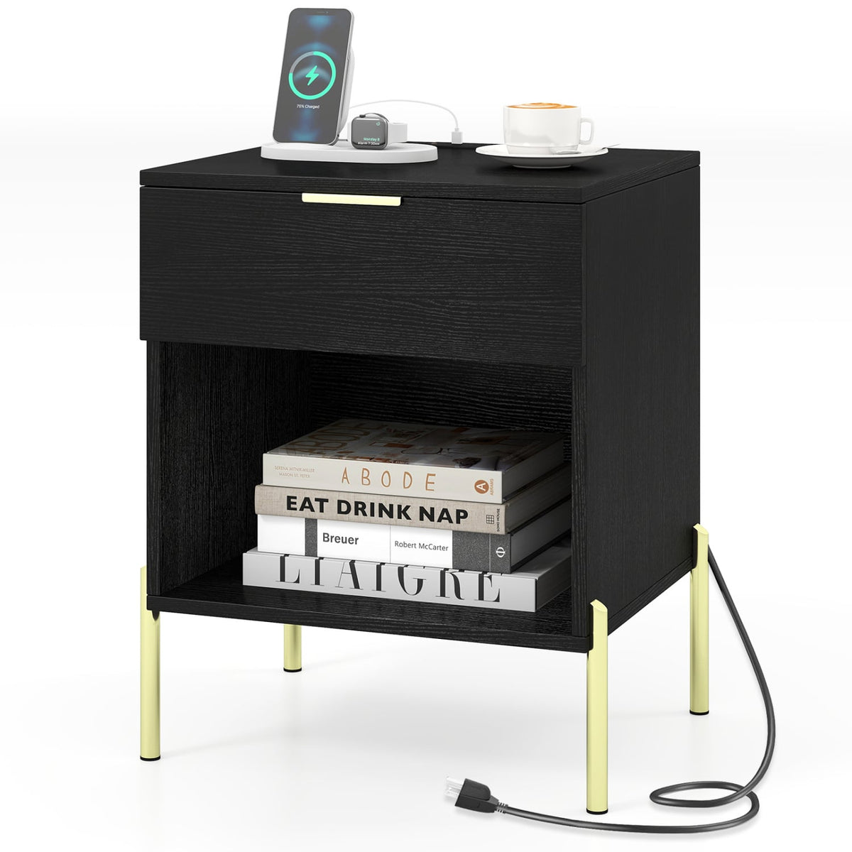 Modern Nightstand with Charging Station-Black-Nightstands-DECOROLALA
