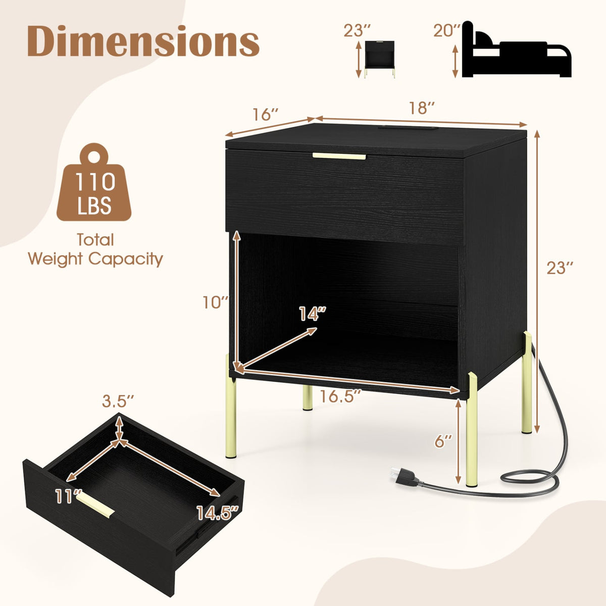 Modern Nightstand with Charging Station-Black-Nightstands-DECOROLALA