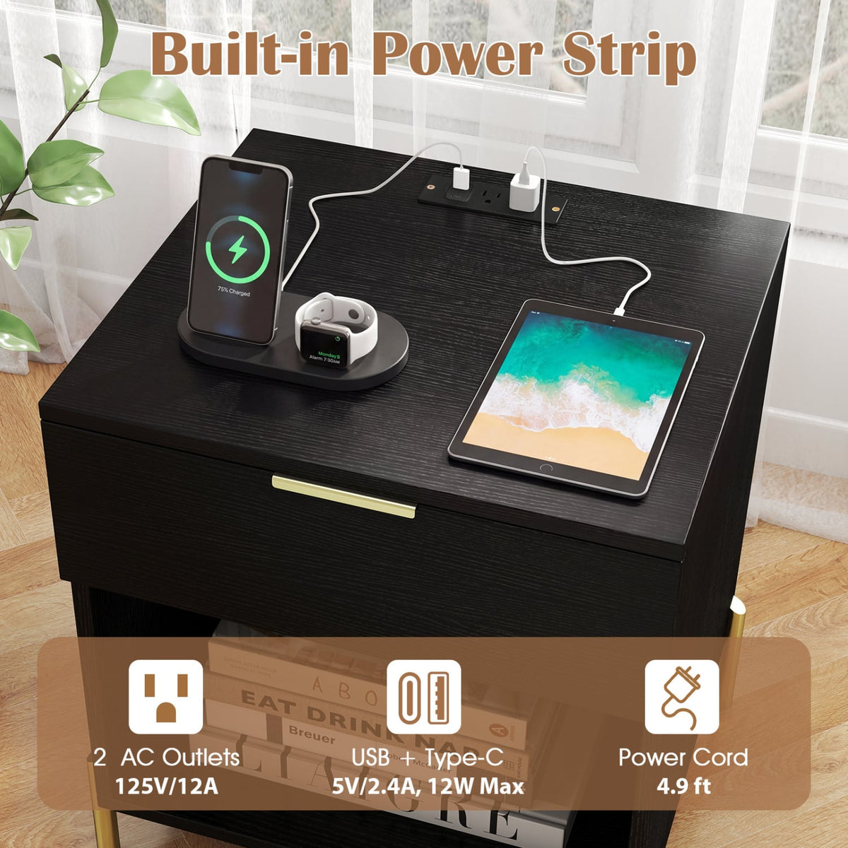 Modern Nightstand with Charging Station-Black-Nightstands-DECOROLALA