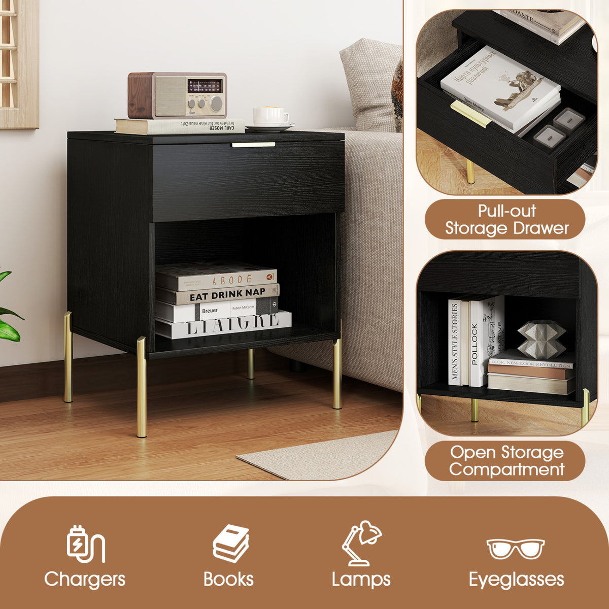 Modern Nightstand with Charging Station-Black-Nightstands-DECOROLALA