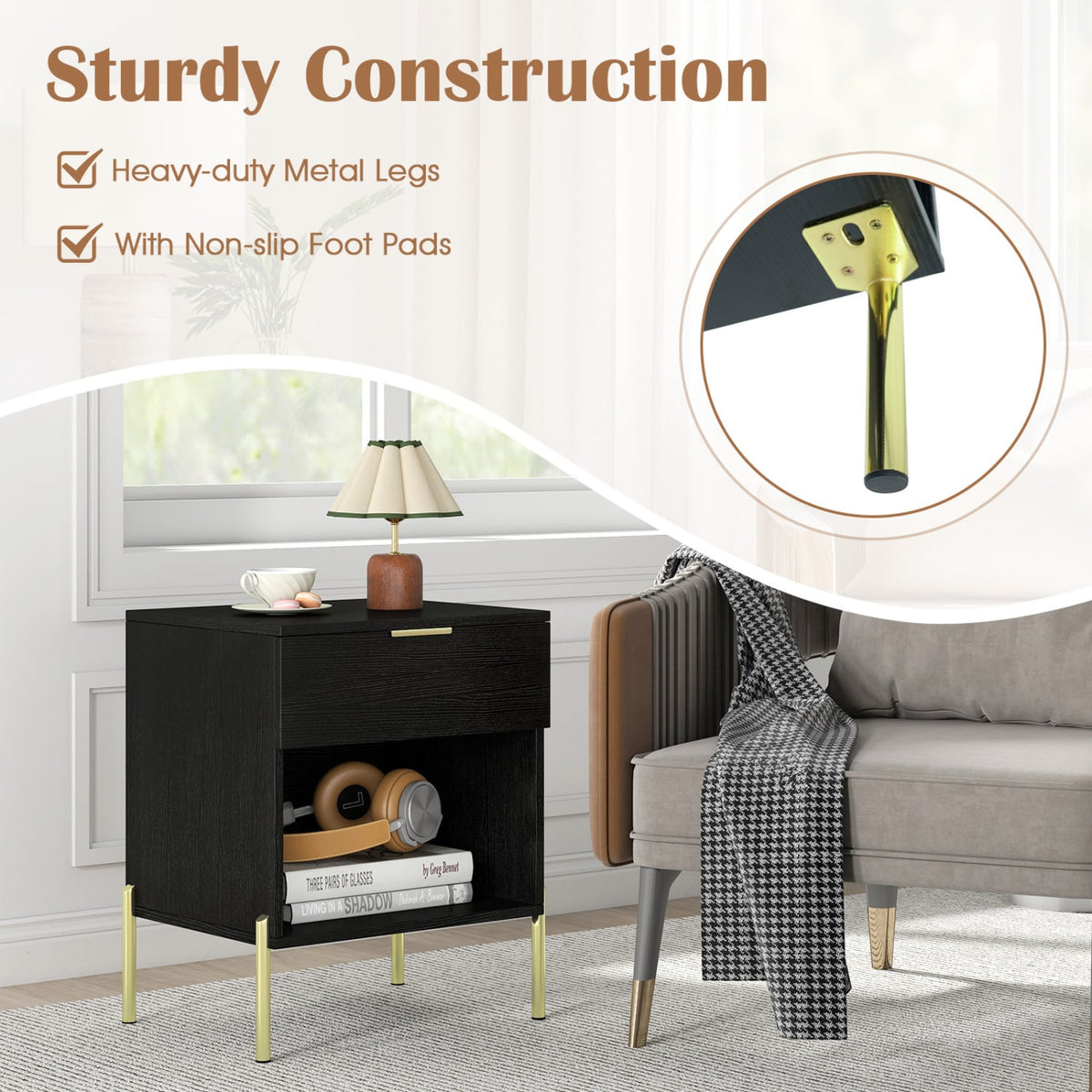 Modern Nightstand with Charging Station-Black-Nightstands-DECOROLALA