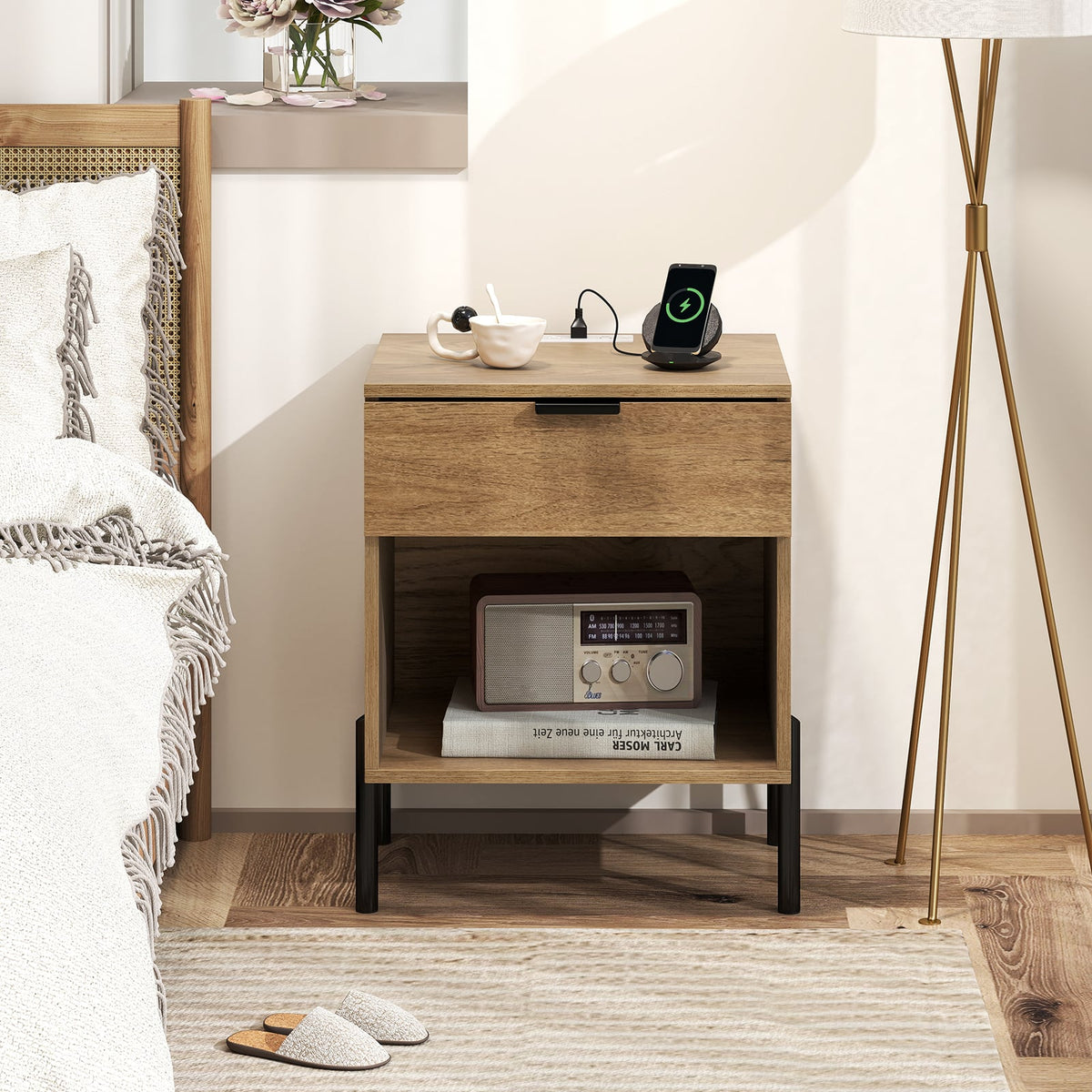 Modern Nightstand with Charging Station-Natural-Nightstands-DECOROLALA