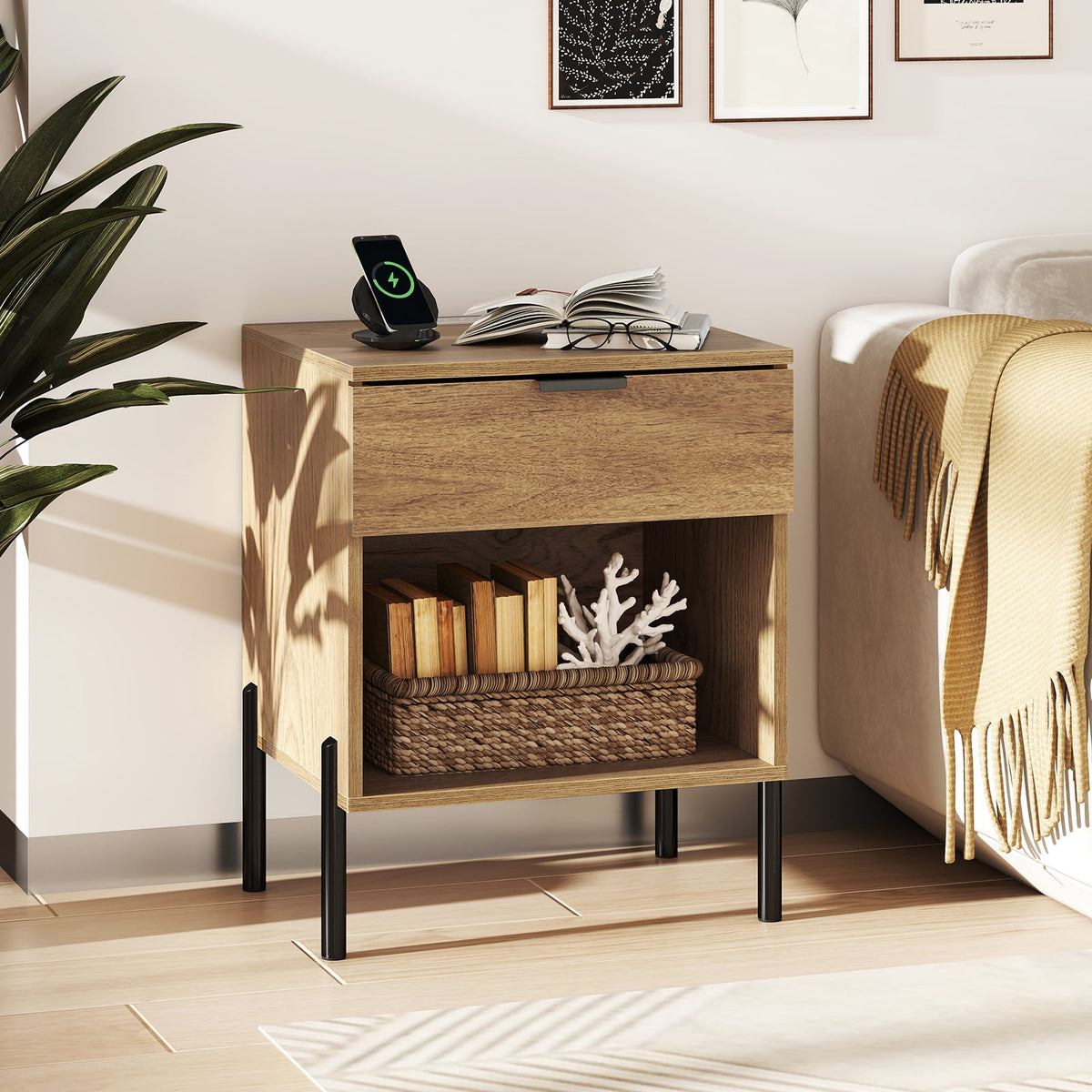 Modern Nightstand with Charging Station-Natural-Nightstands-DECOROLALA