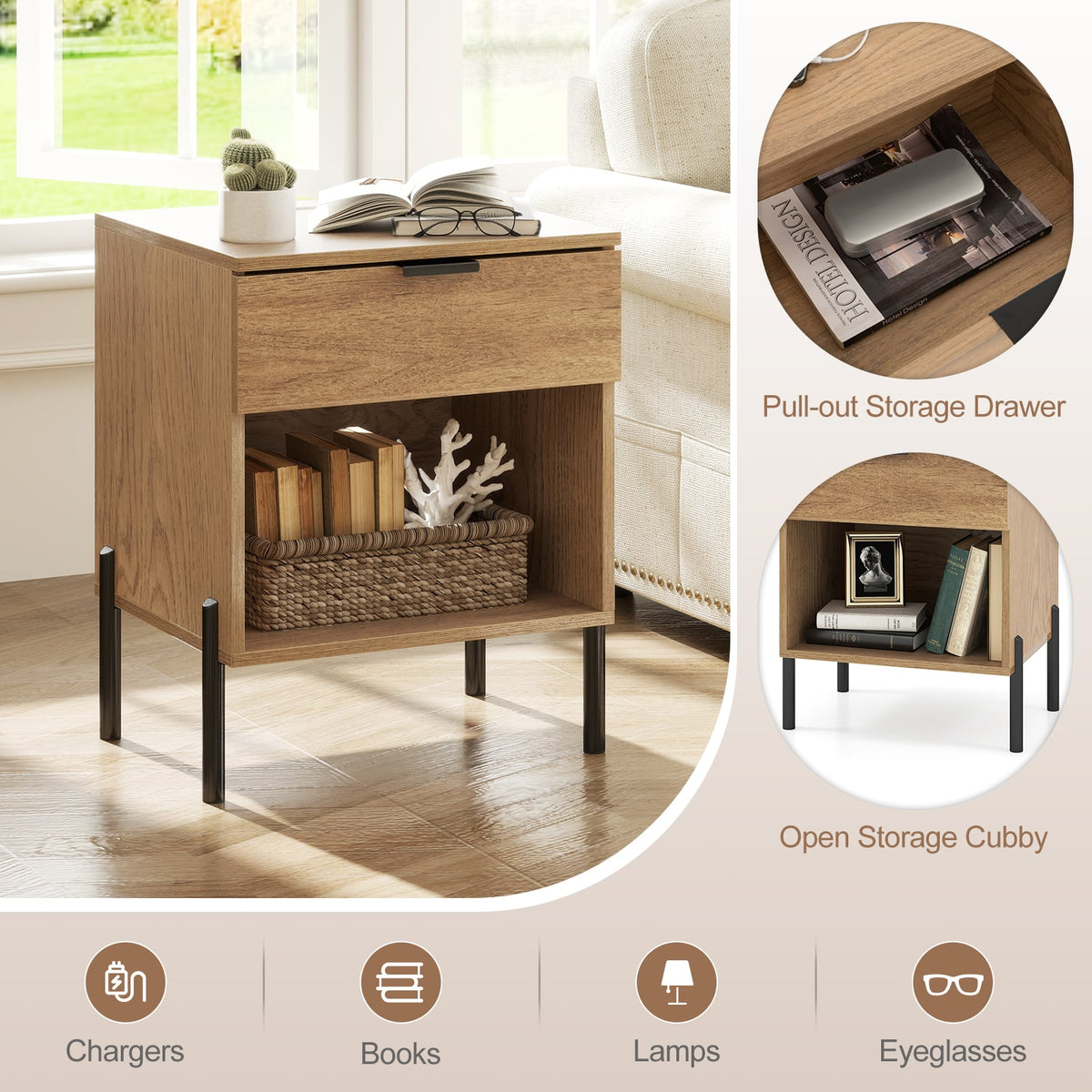 Modern Nightstand with Charging Station-Natural-Nightstands-DECOROLALA