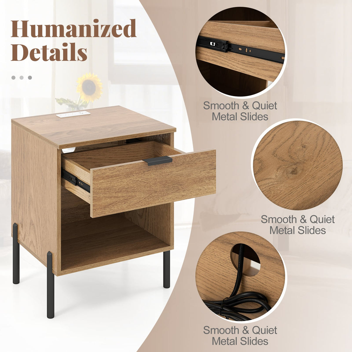 Modern Nightstand with Charging Station-Natural-Nightstands-DECOROLALA