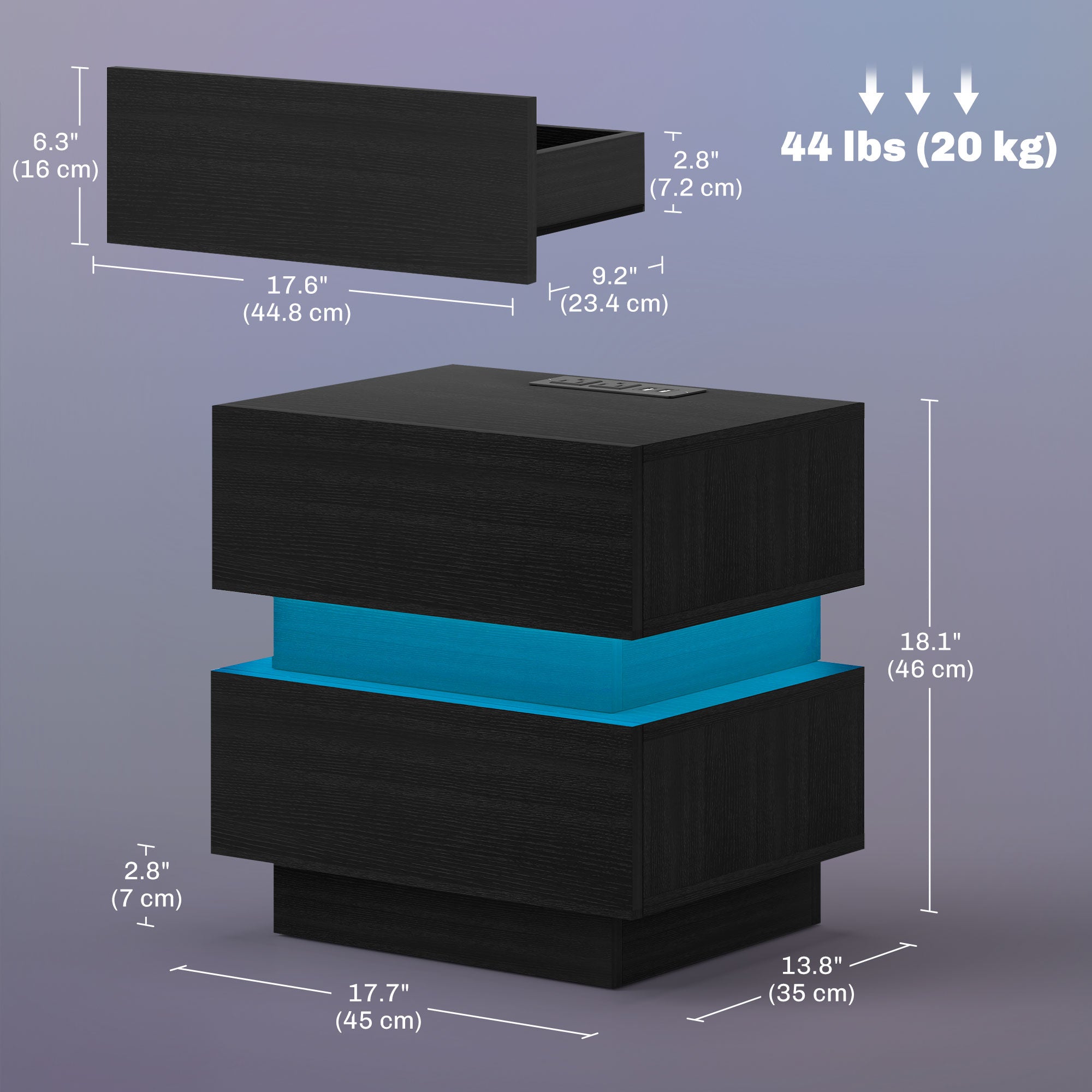 Modern Nightstand with Charging Station and RGB LED - Black-Home Furnishings > Bedroom Furniture > Bedside Tables-DECOROLALA