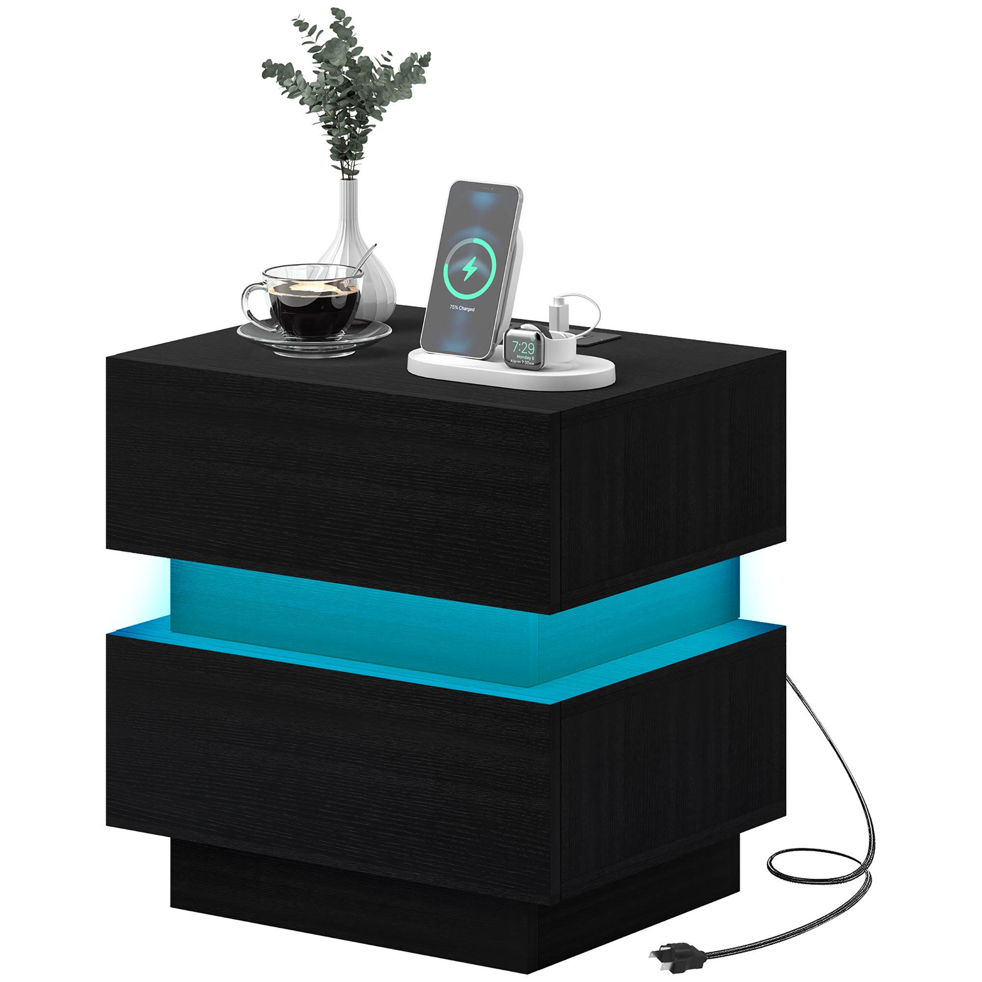 Modern Nightstand with Charging Station and RGB LED - Black-Home Furnishings > Bedroom Furniture > Bedside Tables-DECOROLALA