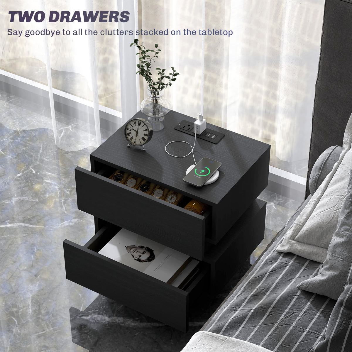 Modern Nightstand with Charging Station and RGB LED - Black-Nightstands-DECOROLALA