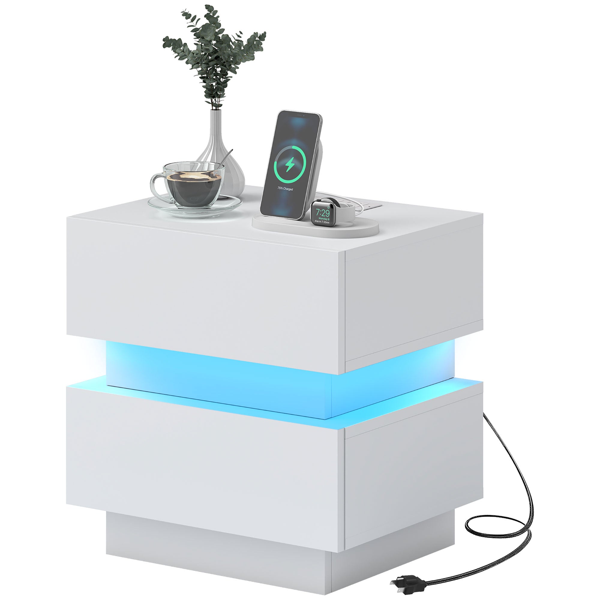 Modern Nightstand with Charging Station and RGB LED - White-Home Furnishings > Bedroom Furniture > Bedside Tables-DECOROLALA