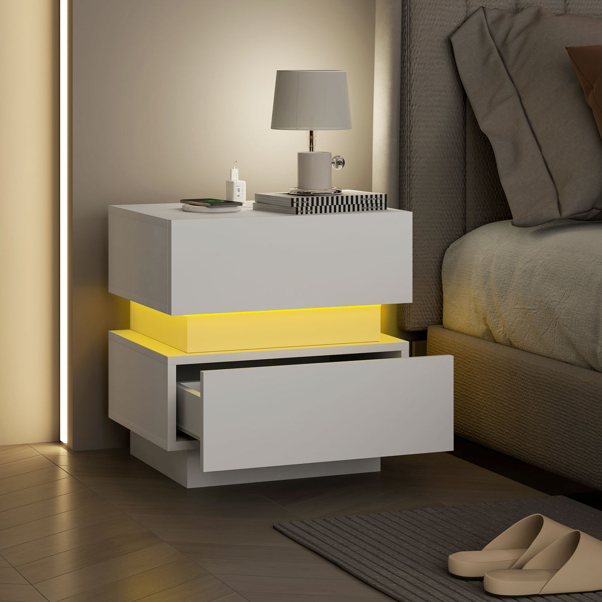 Modern Nightstand with Charging Station and RGB LED - White-Nightstands-DECOROLALA