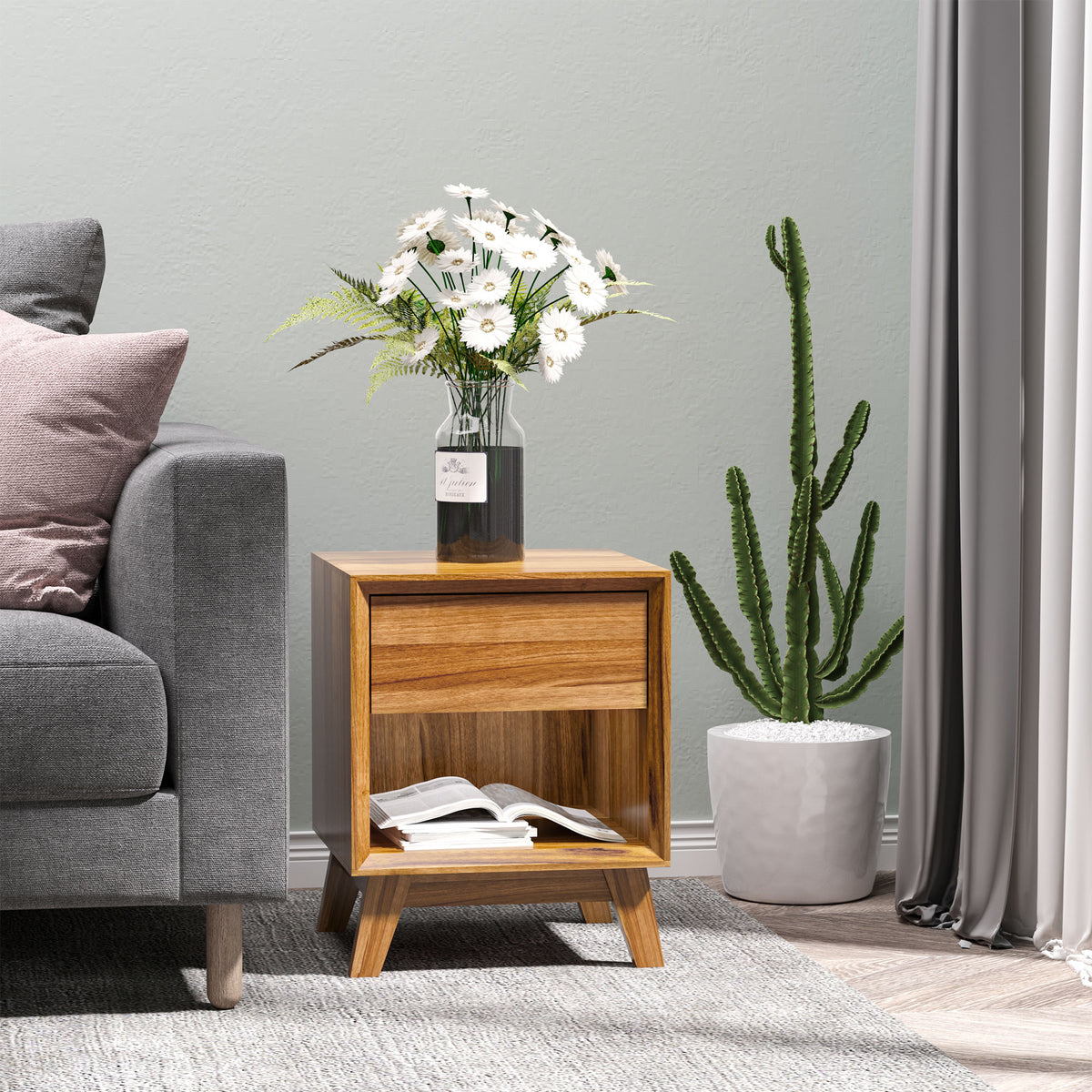 Modern Nightstand with Drawer and Shelf - Walnut Brown-Home Furnishings > Bedroom Furniture > Bedside Tables-DECOROLALA