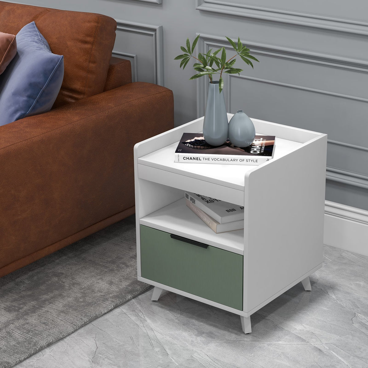 Modern Nightstand with LED Lights Sliding Drawer and Open Compartment-White-Nightstands-DECOROLALA