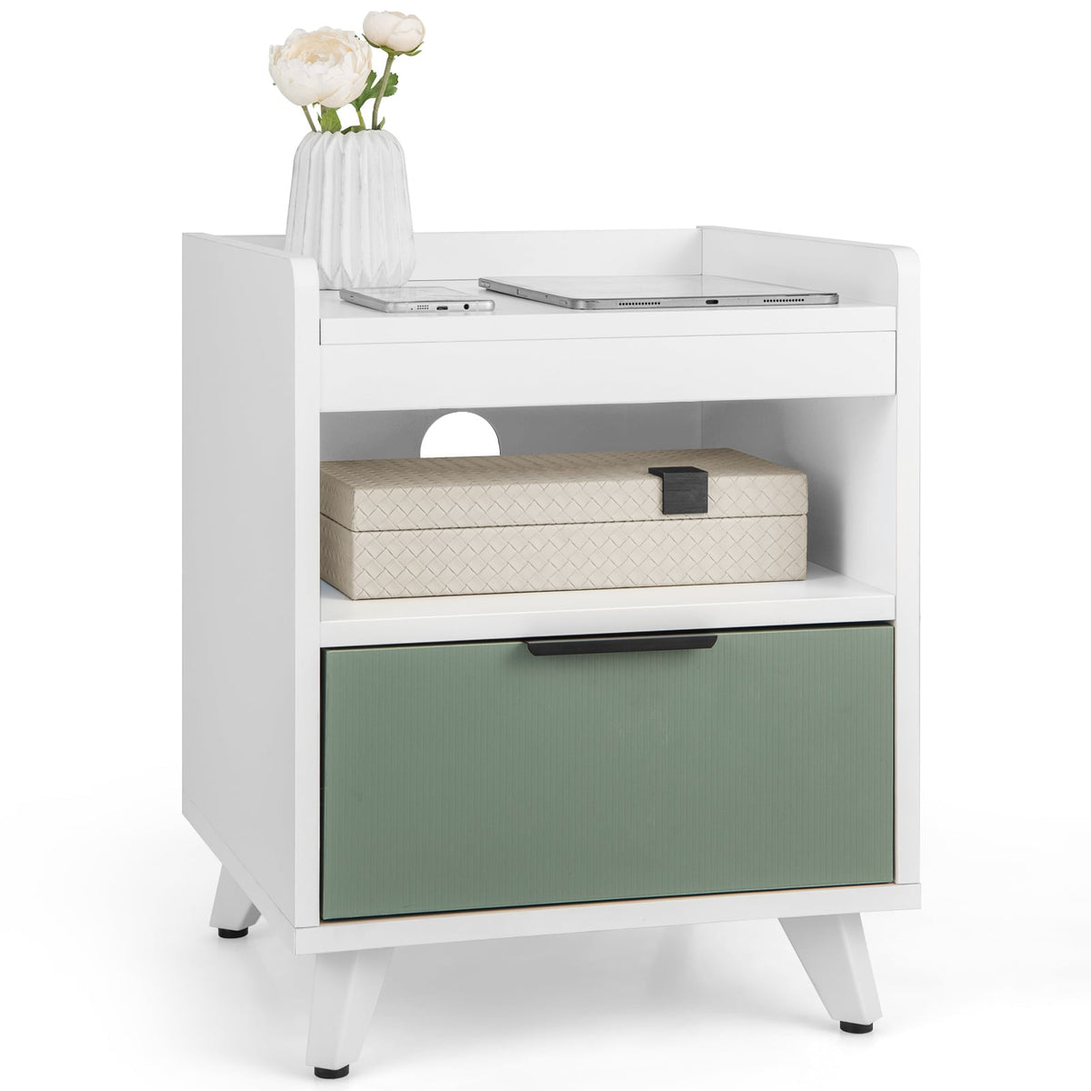 Modern Nightstand with LED Lights Sliding Drawer and Open Compartment-White-Nightstands-DECOROLALA