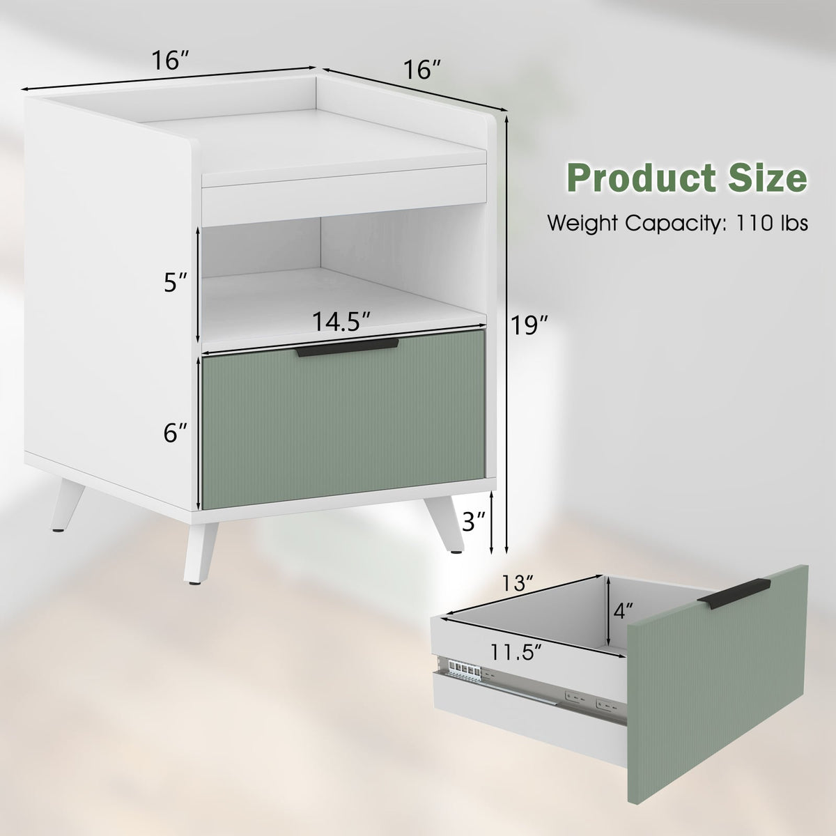 Modern Nightstand with LED Lights Sliding Drawer and Open Compartment-White-Nightstands-DECOROLALA