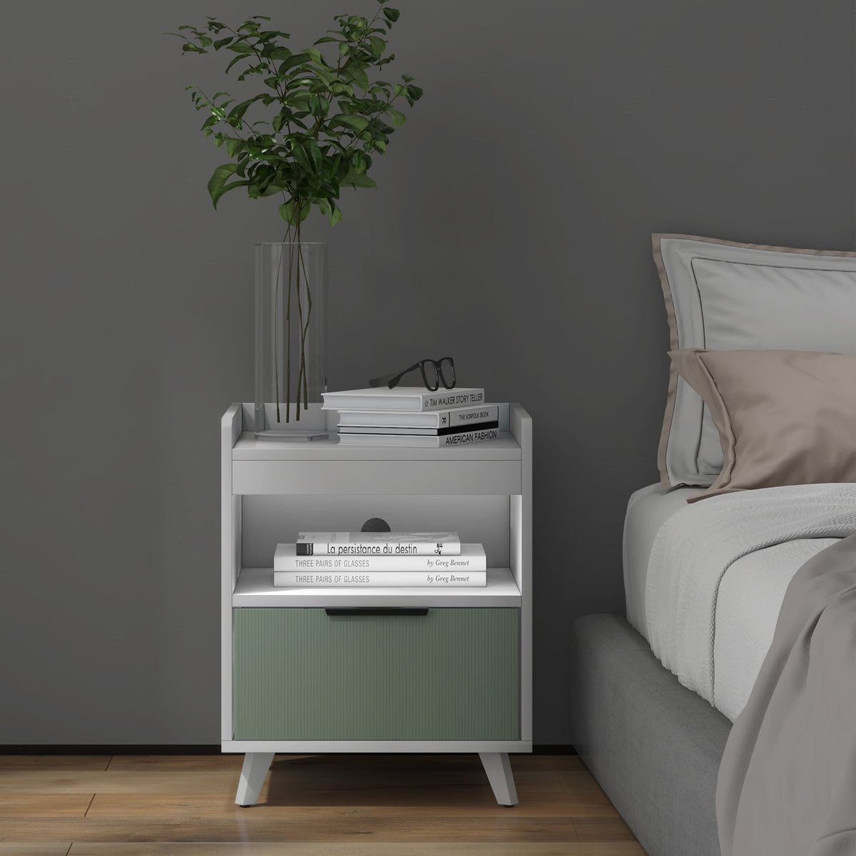 Modern Nightstand with LED Lights Sliding Drawer and Open Compartment-White-Nightstands-DECOROLALA