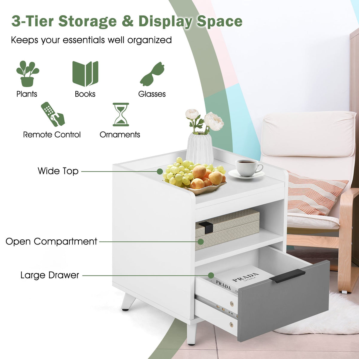 Modern Nightstand with LED Lights Sliding Drawer and Open Compartment-White-Nightstands-DECOROLALA