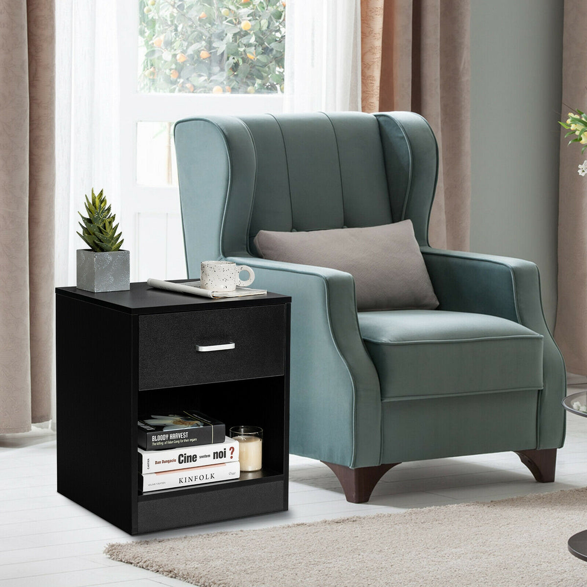 Modern Nightstand with Storage Drawer and Cabinet-Black-Nightstands-DECOROLALA