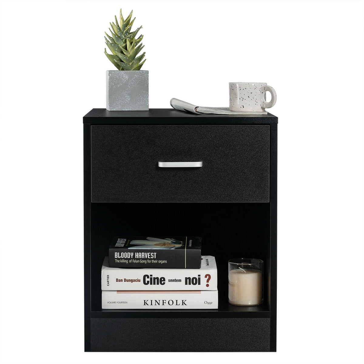 Modern Nightstand with Storage Drawer and Cabinet-Black-Nightstands-DECOROLALA