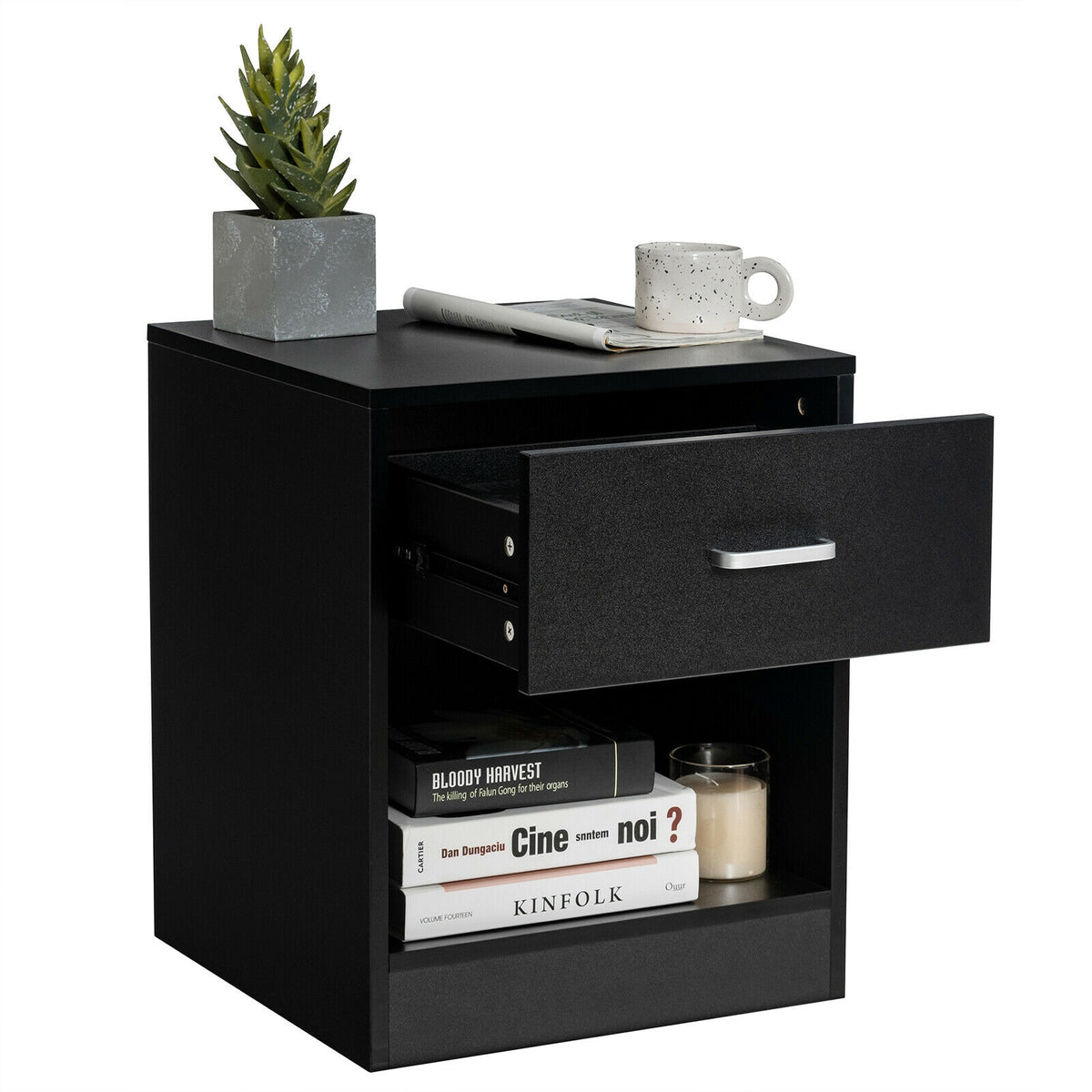 Modern Nightstand with Storage Drawer and Cabinet-Black-Nightstands-DECOROLALA