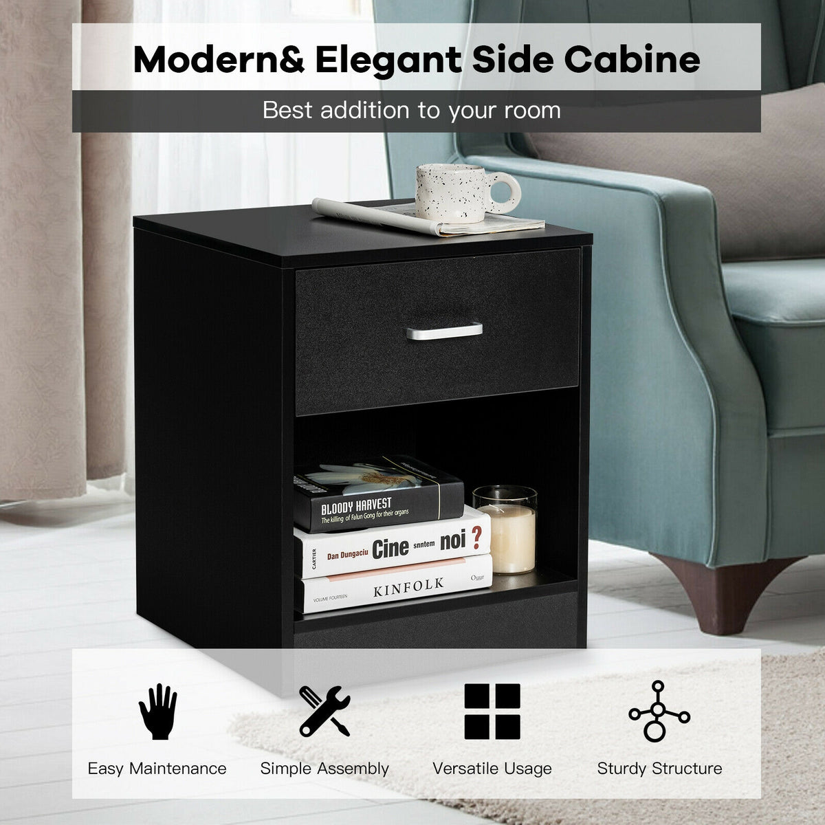 Modern Nightstand with Storage Drawer and Cabinet-Black-Nightstands-DECOROLALA