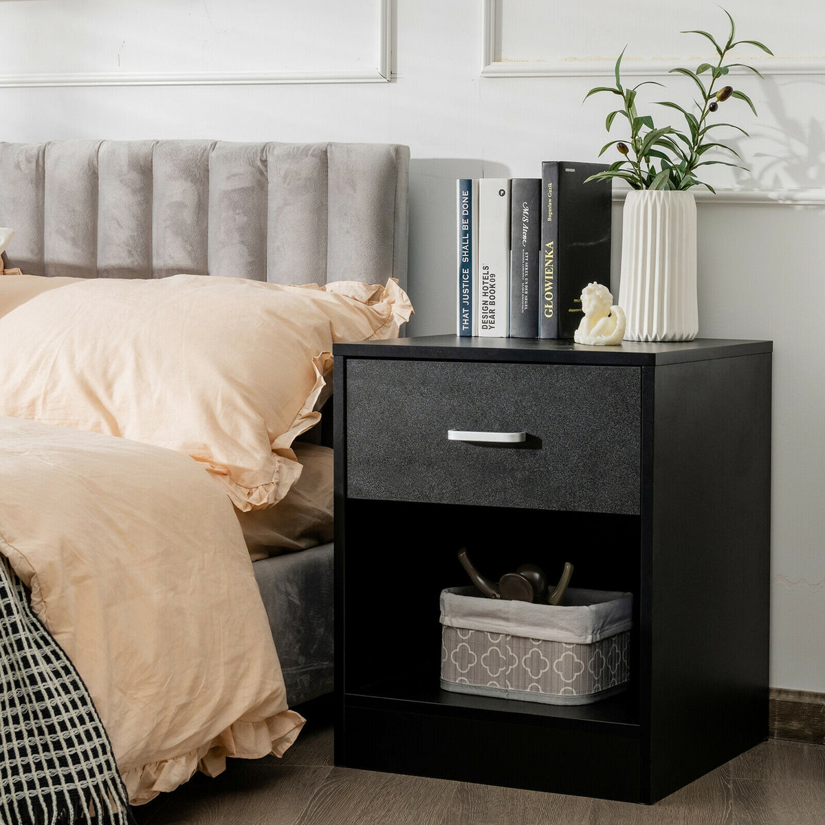 Modern Nightstand with Storage Drawer and Cabinet-Black-Nightstands-DECOROLALA