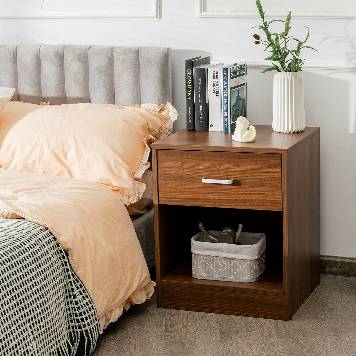 Modern Nightstand with Storage Drawer and Cabinet-Brown-Nightstands-DECOROLALA