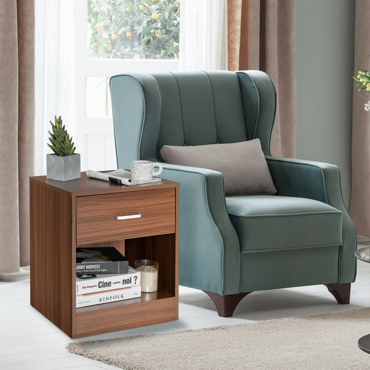 Modern Nightstand with Storage Drawer and Cabinet-Brown-Nightstands-DECOROLALA