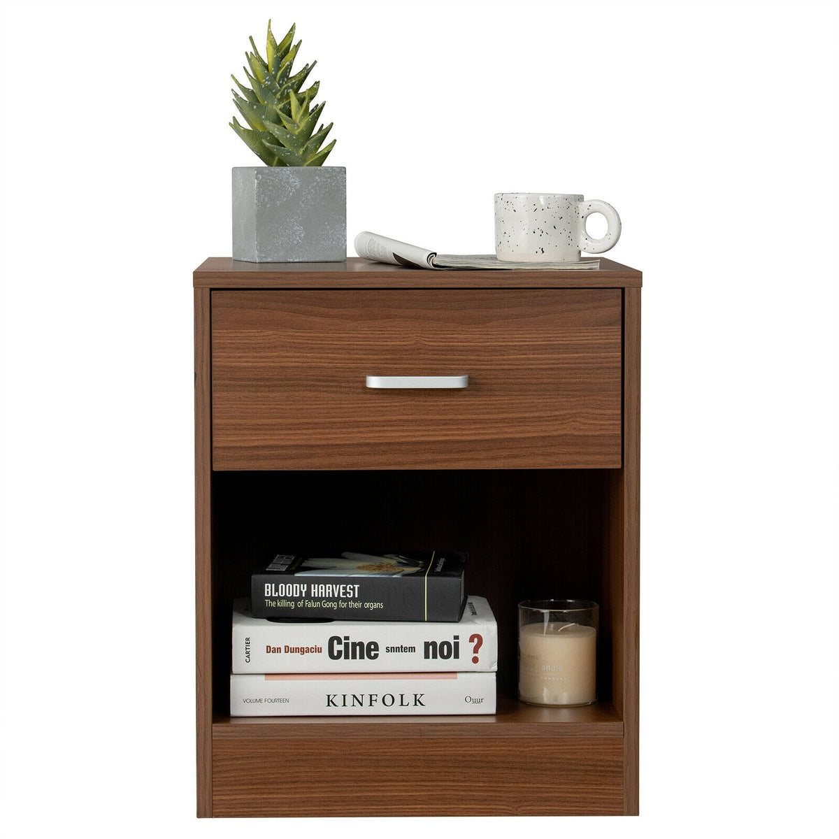 Modern Nightstand with Storage Drawer and Cabinet-Brown-Nightstands-DECOROLALA
