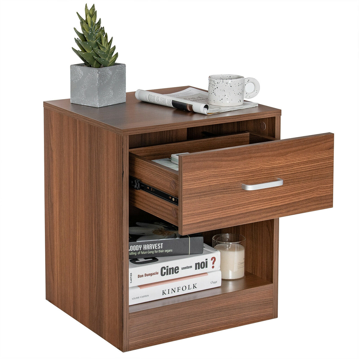 Modern Nightstand with Storage Drawer and Cabinet-Brown-Nightstands-DECOROLALA